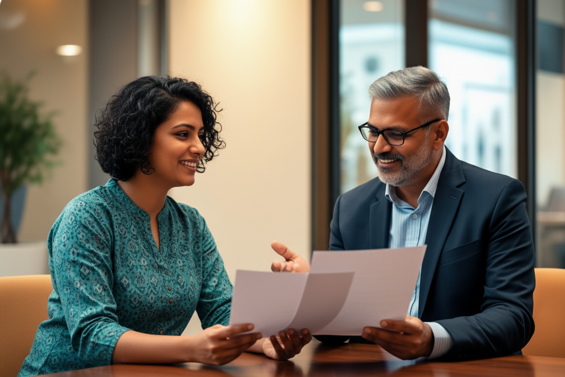 Professional Indian business meeting discussing loan documents, modern office setting, warm lighting